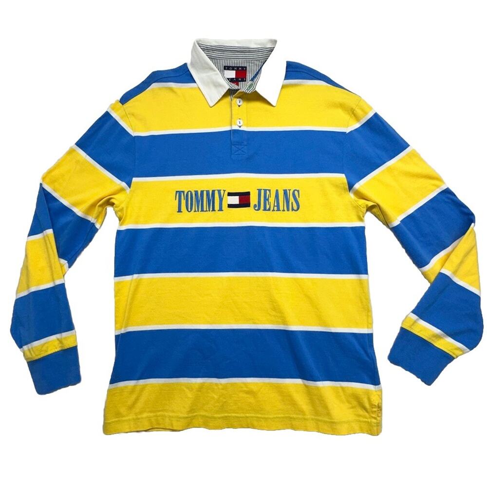 Tommy Jeans Mens Small Blue Yellow Striped Rugby Polo Long Sleeve Shirt 100% Cot